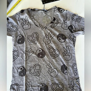 NWT girls medium peace gray /black sheer v neck short sleeve T